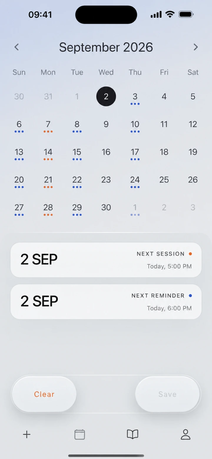 The Plastic Brains calendar showing today’s therapy session and note reminder.